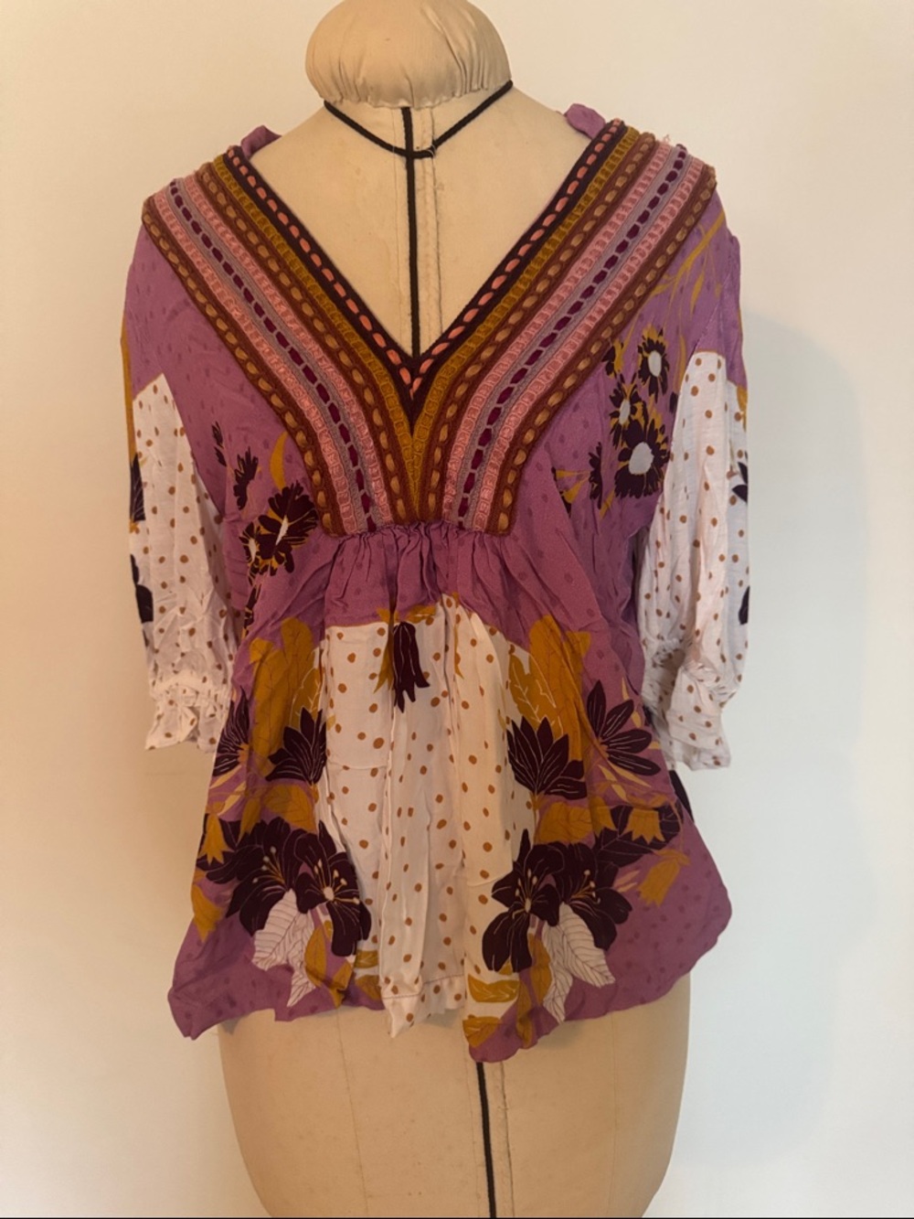 Purple Floral Boho V-Neck Tunic with Gold Accents